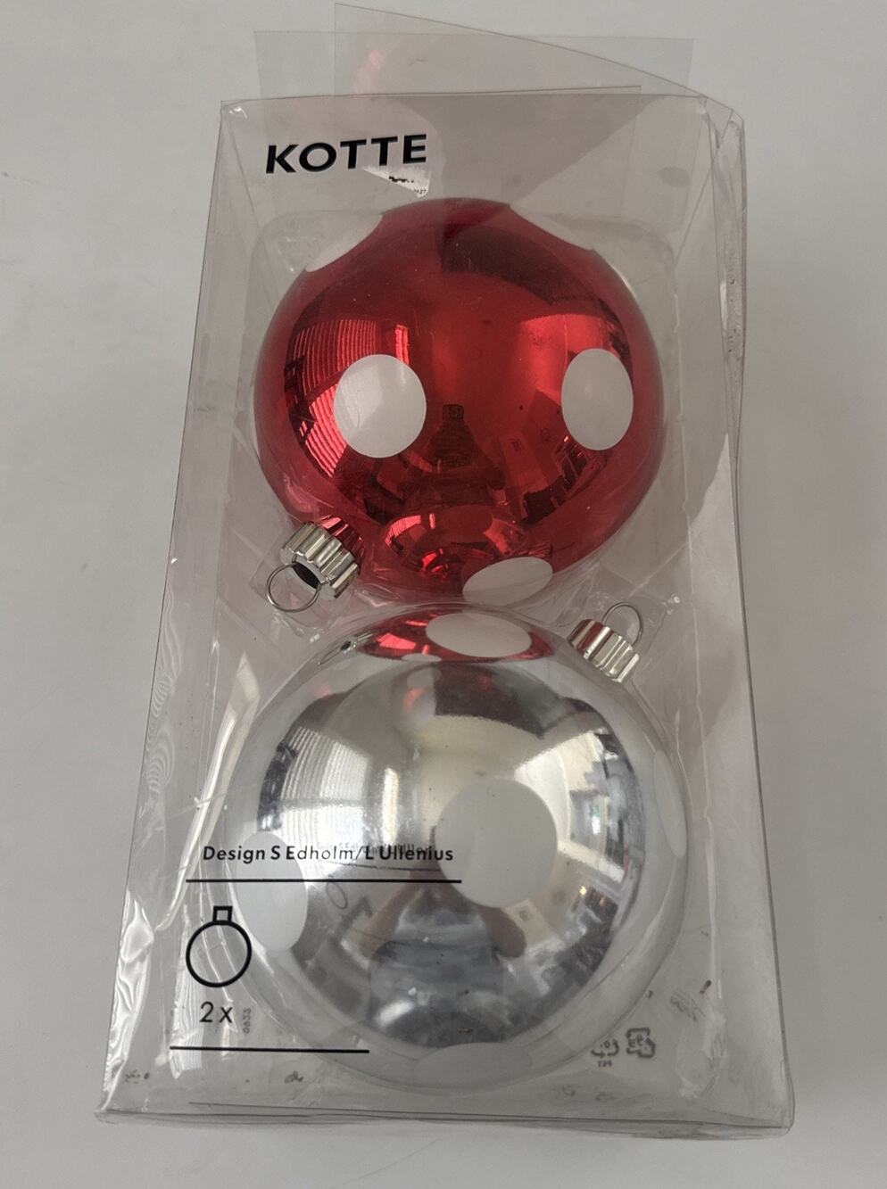 IKEA KOTTE Large Christmas Ornaments Polka Dot Silver and Red 6"